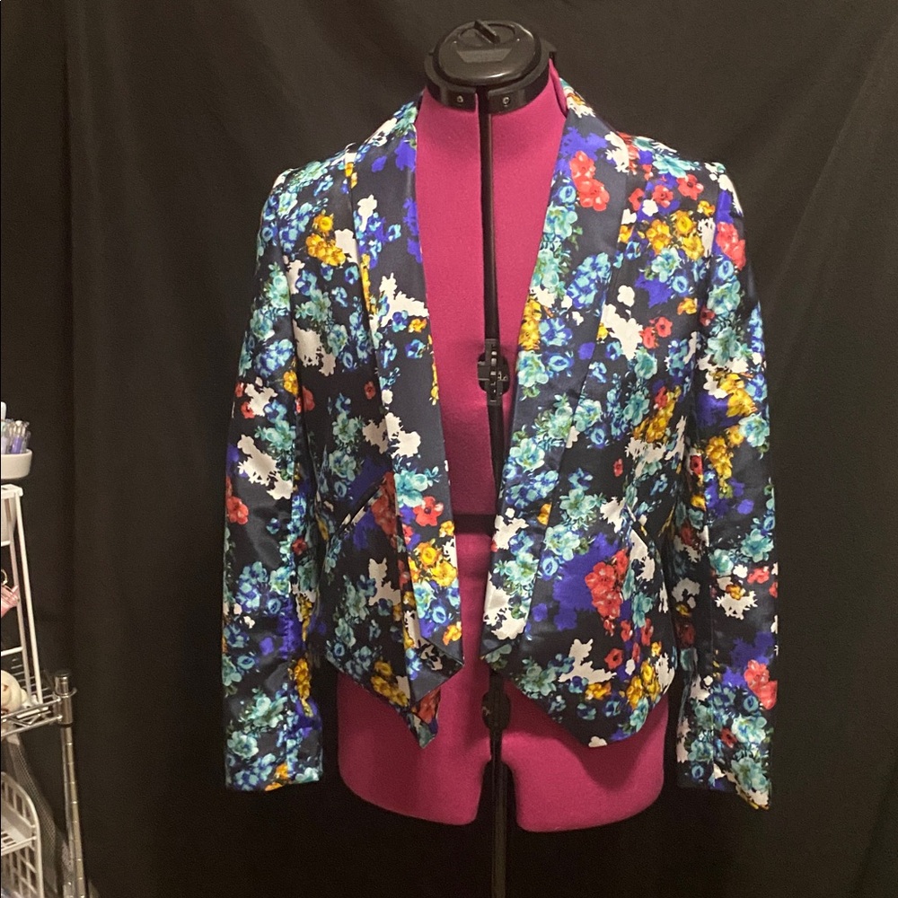 NWOT Ellen Tracy Navy black orange floral open satin lined jacket 2
